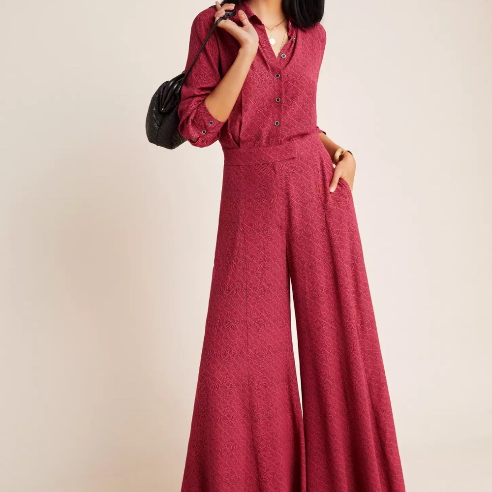 NWOT Anthropologie Women's Loveland Jumpsuit Burgundy Zipper & Button Closure